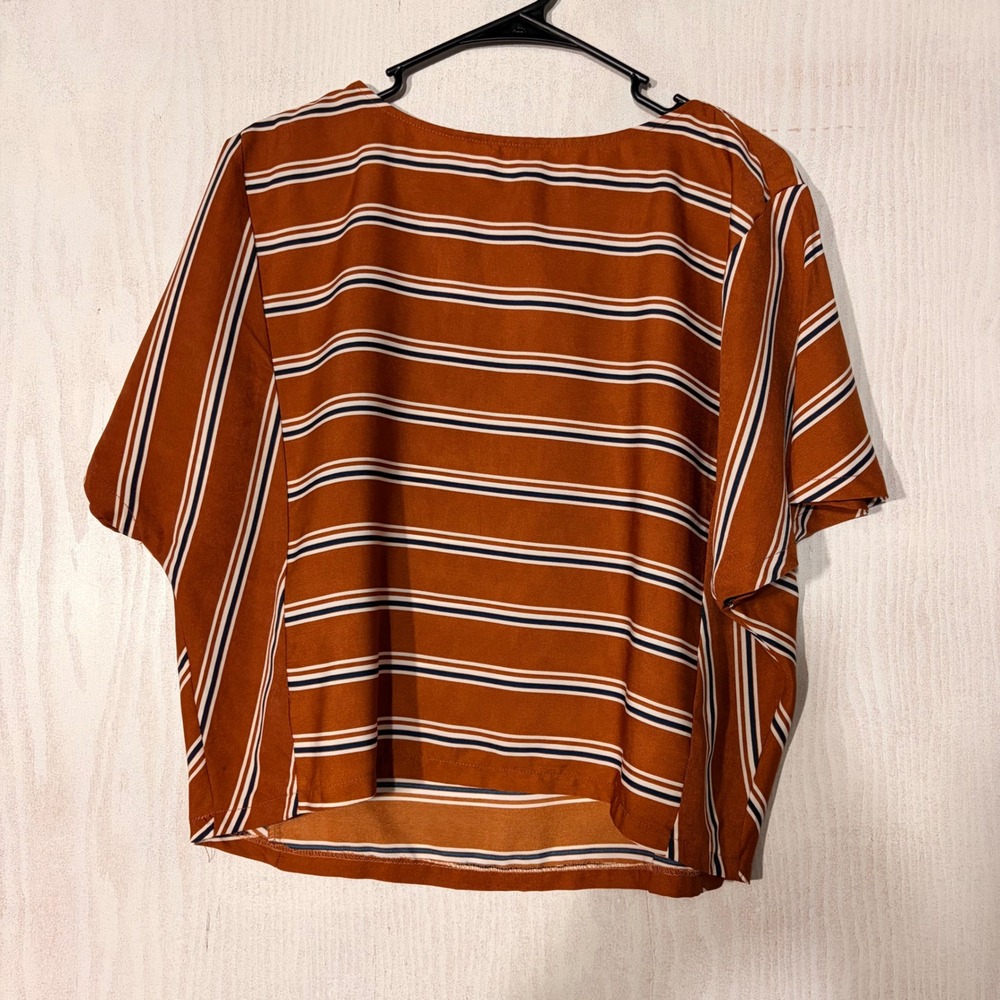 Valija Striped Boxy Top Womens Medium Orange Navy Blue Short Sleeve
